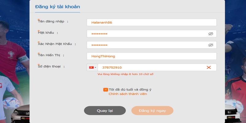Khi tạo tài khoản, hãy chắc chắn mọi thông tin game thủ nhập là đúng
